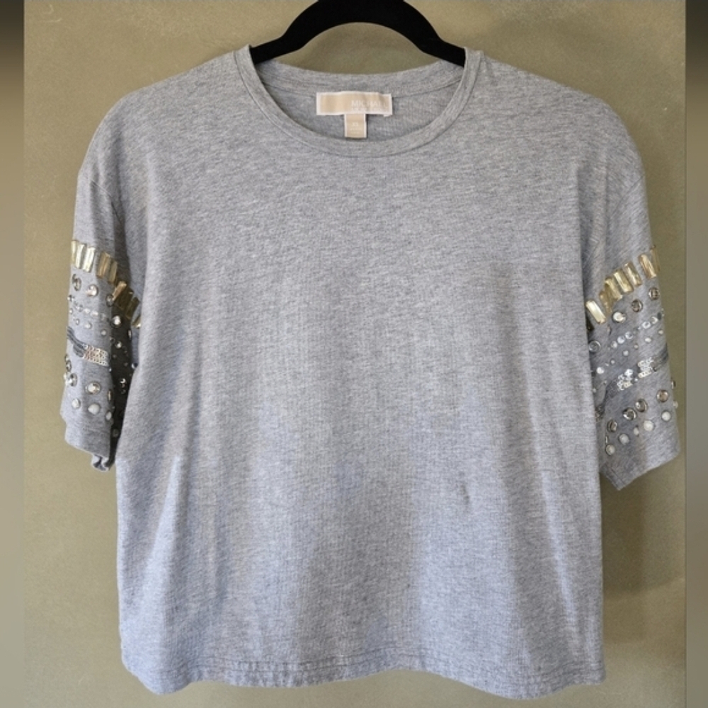Michael Kors Embellished Sleeve Grey T-Shirt - Oversized XS - Picture 2 of 7